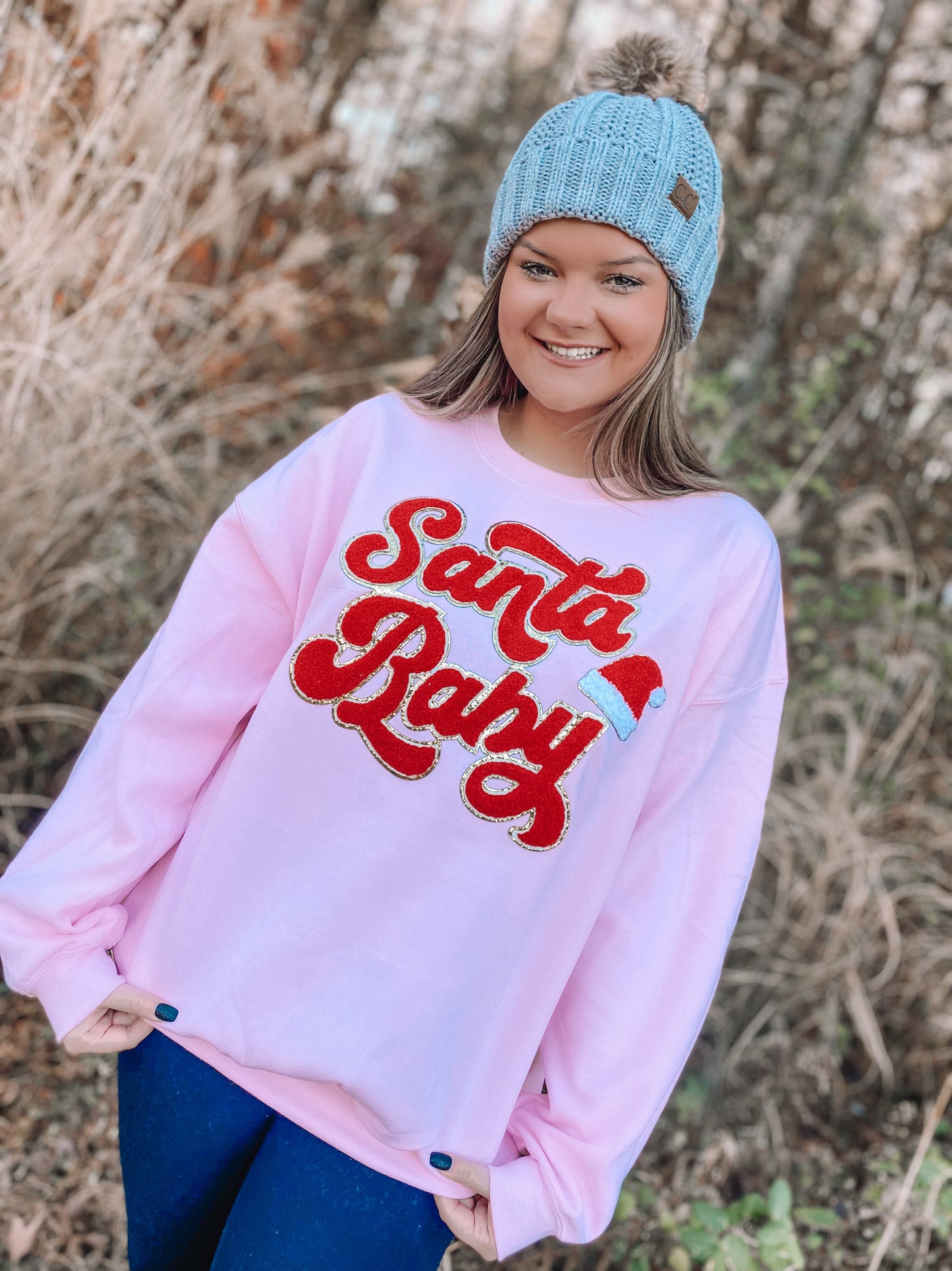 Santa Baby Chenille Sweatshirt (Light Pink)