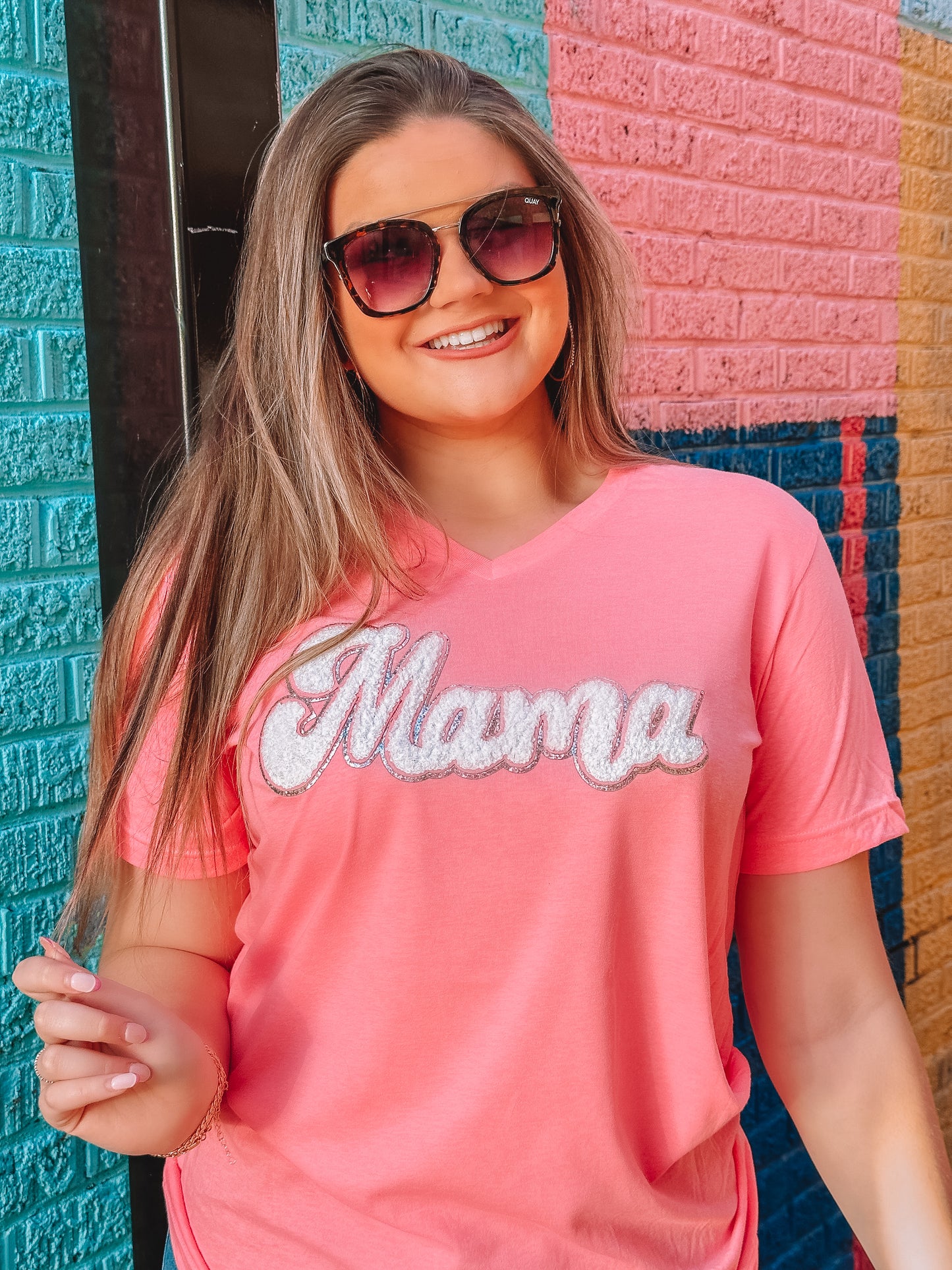 Light Pink V-Neck T-Shirt w/ Light Pink/White MAMA Chenille