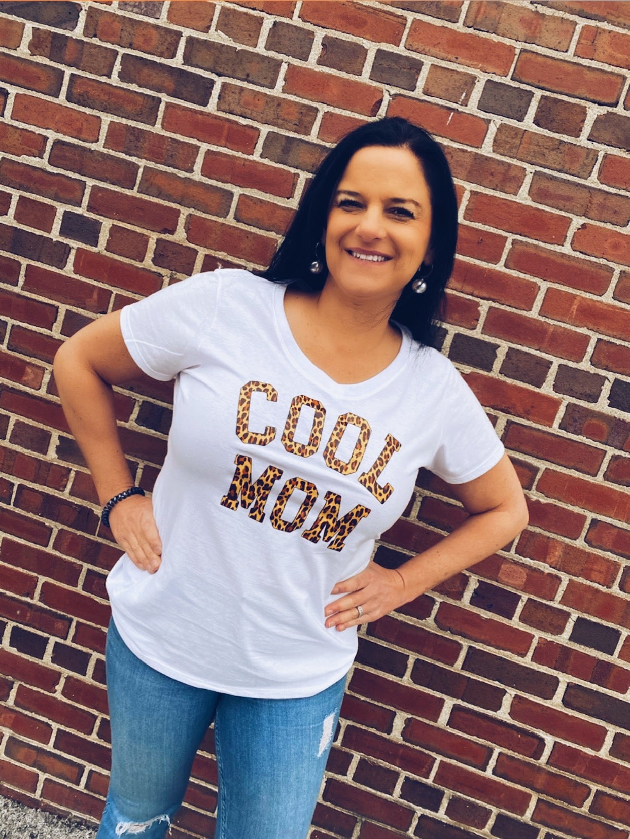 Cool Mom Cheetah V-Neck Tee (White)