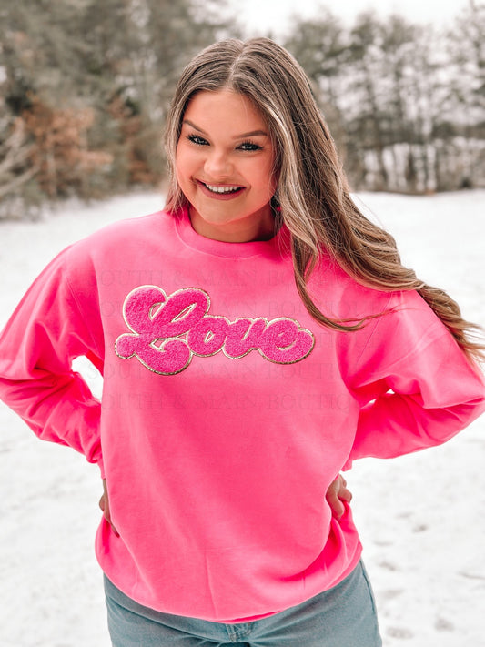 LOVE Hot Pink Chenille Sweatshirt (Bright Pink)