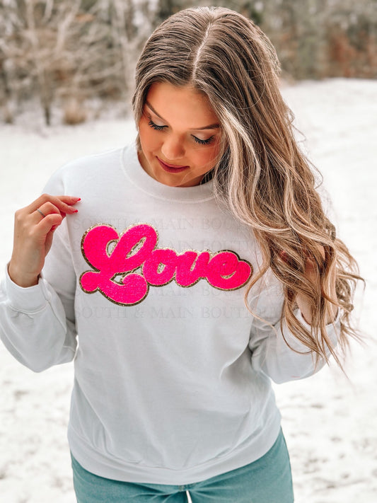 LOVE Hot Pink Chenille Sweatshirt - White