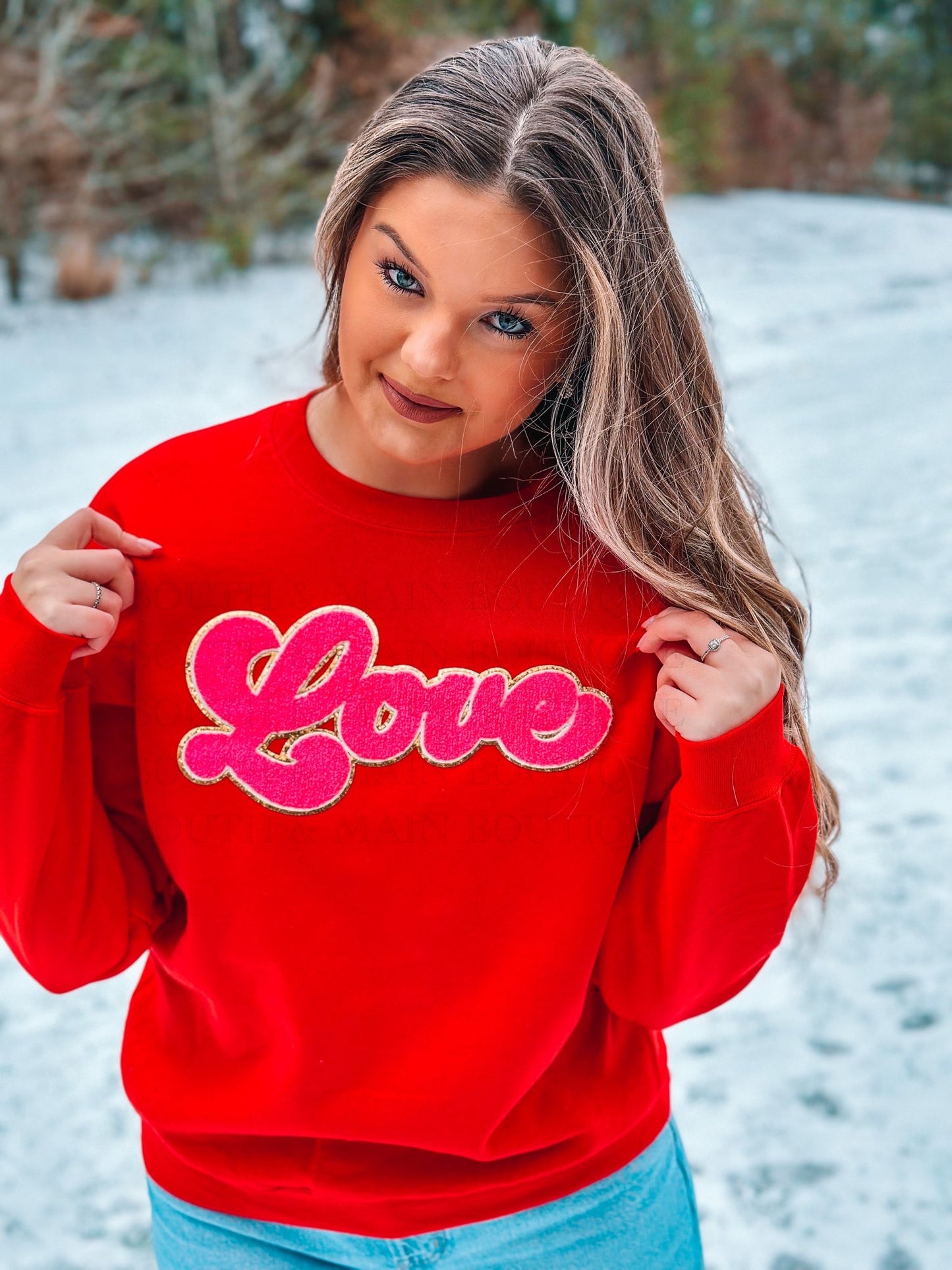 LOVE Hot Pink Chenille Sweatshirt (Red)