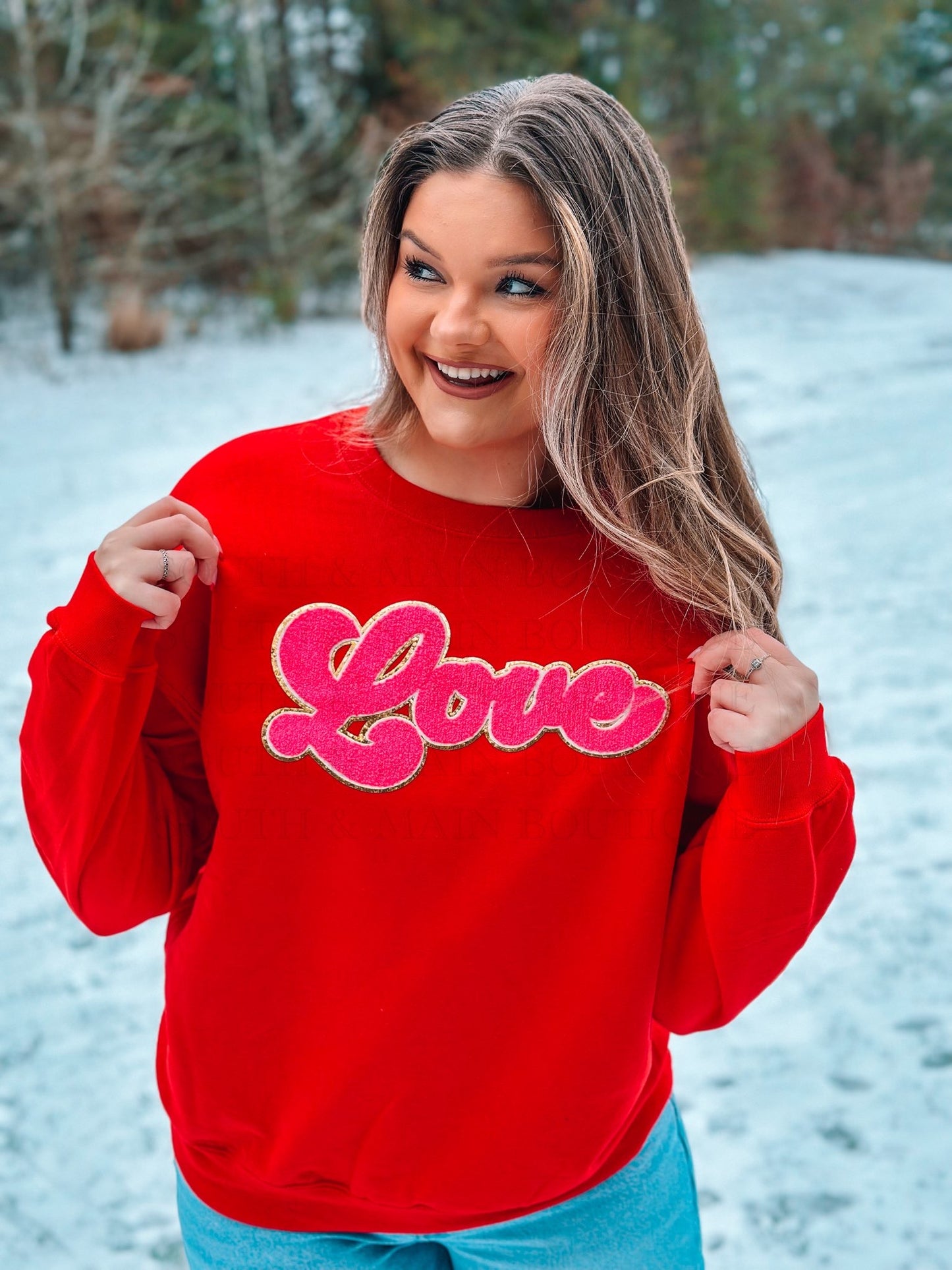 LOVE Hot Pink Chenille Sweatshirt (Red)