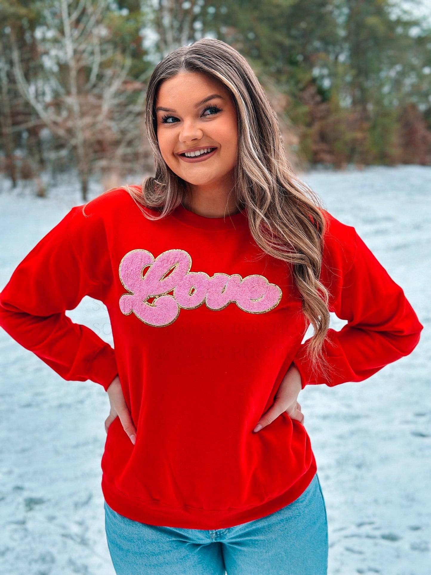 LOVE Light Pink Chenille Sweatshirt (Red)