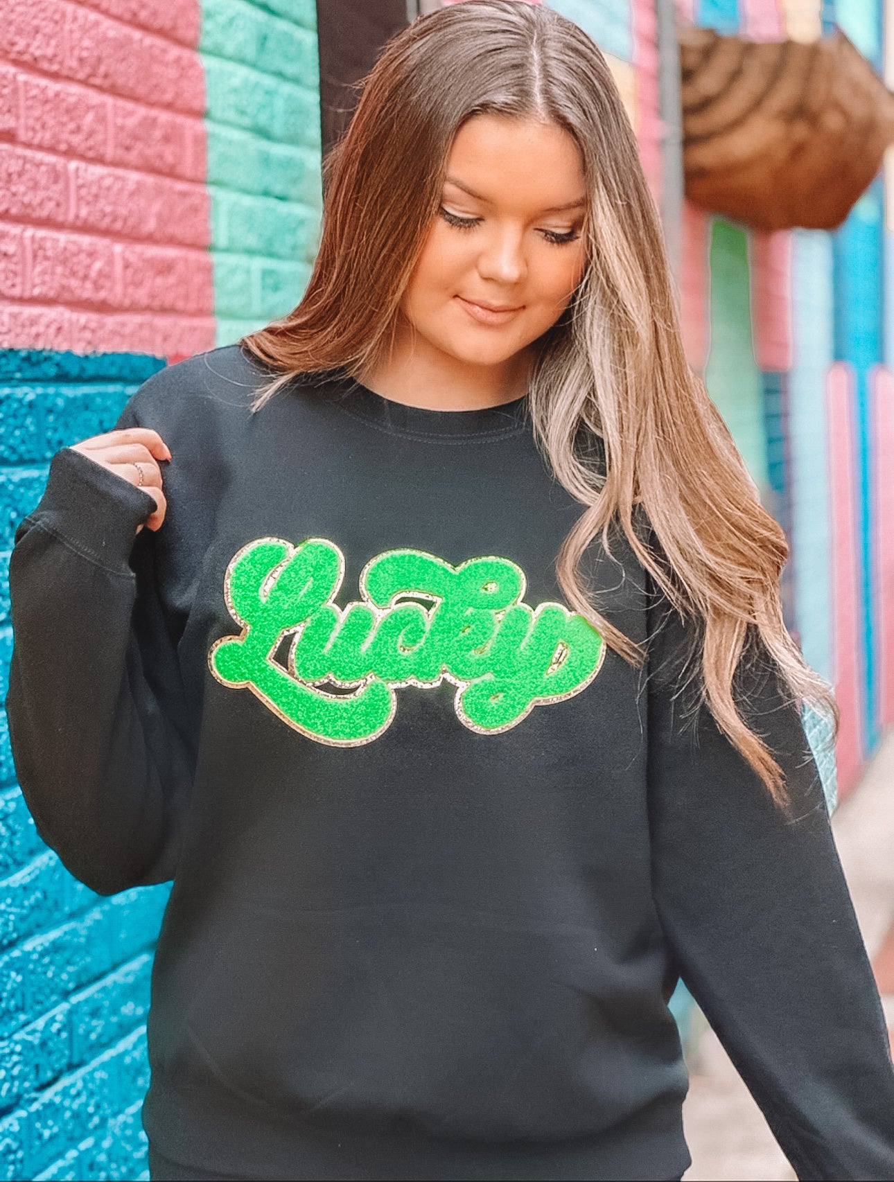 Black Sweatshirt w/ Green Chenille LUCKY