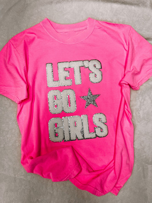 Bright Pink LET'S GO GIRLS w/ Star Chenille Comfort Colors T-Shirt