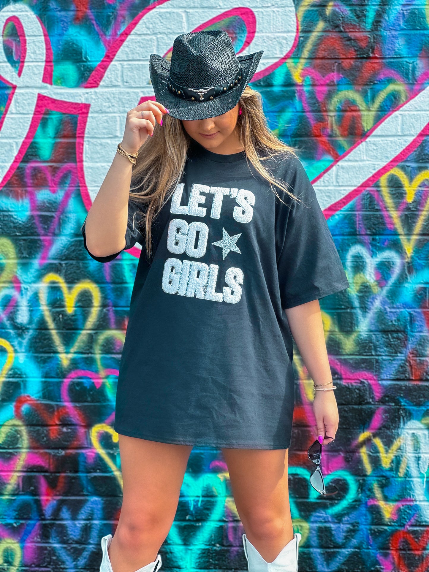 Let's Go Girls w/ Star Chenille Black Oversized T-Shirt Dress